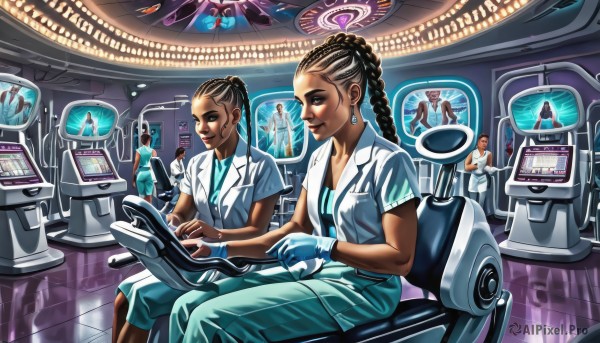 long hair,breasts,smile,multiple girls,brown hair,black hair,gloves,dress,holding,2girls,brown eyes,jewelry,sitting,jacket,braid,earrings,multiple boys,dark skin,fingerless gloves,dark-skinned female,lips,makeup,chair,dark-skinned male,robot,science fiction,labcoat,blue gloves,monitor,very dark skin,tablet pc,dreadlocks,screen,holographic interface,hologram,3girls,hair bun,single hair bun,realistic,nose,nurse,computer,intravenous drip,doctor