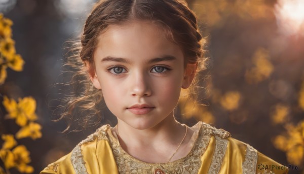 1girl,solo,looking at viewer,blue eyes,brown hair,dress,jewelry,closed mouth,flower,necklace,blurry,lips,grey eyes,depth of field,blurry background,wind,portrait,forehead,realistic,nose,straight-on,short hair,artist name,yellow flower