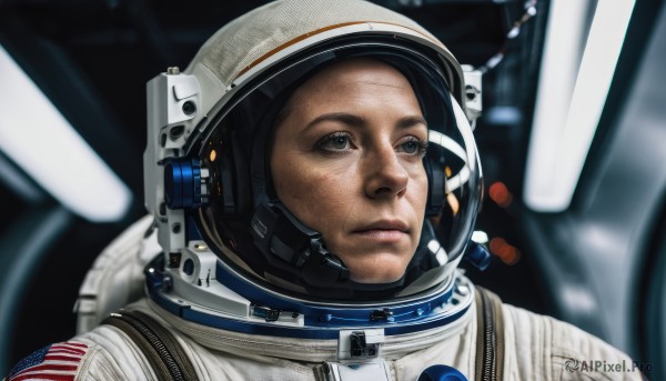 solo,blue eyes,1boy,closed mouth,upper body,male focus,blurry,black eyes,lips,depth of field,blurry background,helmet,portrait,reflection,science fiction,realistic,american flag,spacesuit,space helmet,united states,astronaut,1girl,black hair,looking away,freckles,space,looking afar,planet,earth (planet),japanese flag,american flag print