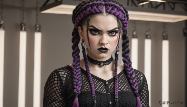 1girl,solo,long hair,looking at viewer,black hair,brown eyes,jewelry,closed mouth,upper body,purple hair,braid,multicolored hair,earrings,alternate costume,choker,indoors,hair bun,blurry,twin braids,two-tone hair,makeup,blurry background,black choker,lipstick,fishnets,forehead,o-ring,eyeshadow,hoop earrings,mascara,gothic,dreadlocks,black lips,o-ring choker,fishnet top,k/da (league of legends),multiple braids,breasts,shirt,medium breasts,collarbone,hairband,lips,v-shaped eyebrows,black shirt,frown,parody,thick eyebrows,portrait,hair over shoulder,meme,serious,straight-on,purple lips