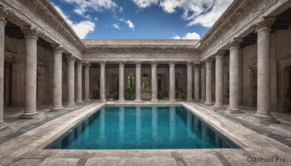 outdoors,sky,day,cloud,water,tree,blue sky,no humans,window,sunlight,cloudy sky,plant,building,scenery,pool,architecture,pillar,arch,column,stairs,ruins,bridge