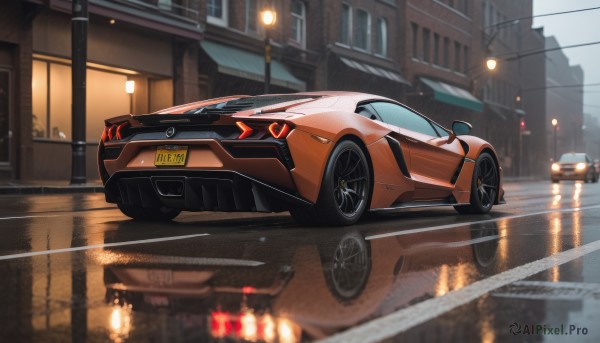 A calm rainy outdoors highlighting a motor vehicle
