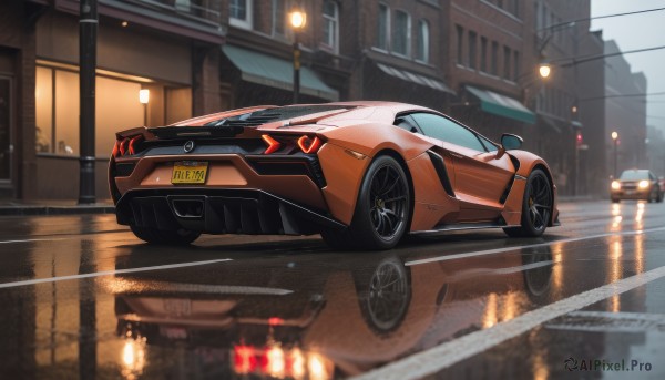 outdoors,no humans,night,ground vehicle,building,scenery,motor vehicle,reflection,city,car,road,vehicle focus,power lines,lamppost,street,utility pole,lights,traffic light,sports car,solo,sky,from side,window,rain,wheel