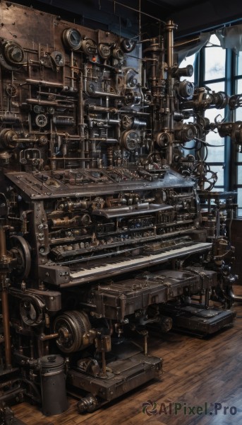 indoors,no humans,window,chair,table,scenery,wooden floor,stairs,cable,gears,industrial pipe,steampunk,machine,telescope,day,instrument,machinery,science fiction,cannon,clock