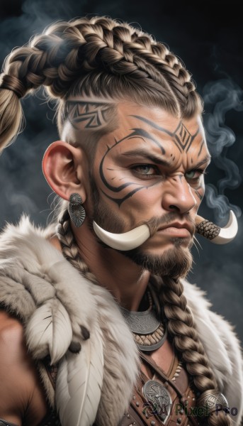 solo,long hair,looking at viewer,brown hair,1boy,jewelry,closed mouth,upper body,braid,male focus,multicolored hair,earrings,necklace,lips,grey eyes,fur trim,tattoo,facial hair,facial mark,feathers,portrait,beard,smoke,realistic,nose,mustache,feather hair ornament,facepaint,facial tattoo,tribal,tooth necklace,multiple braids,1girl,brown eyes,green eyes,dark skin,twin braids