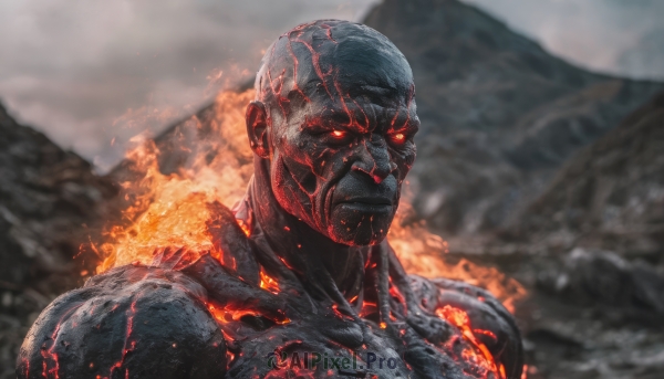 solo, red eyes, 1boy, male focus, glowing, fire, glowing eyes, mountain, bald