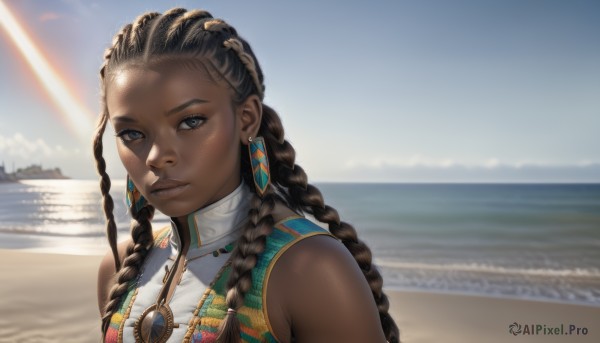 1girl,solo,long hair,looking at viewer,brown hair,black hair,bare shoulders,brown eyes,jewelry,upper body,braid,multicolored hair,earrings,outdoors,sky,sleeveless,day,dark skin,water,necklace,blurry,twin braids,dark-skinned female,blue sky,lips,eyelashes,blurry background,ocean,beach,sunlight,forehead,realistic,nose,sand,horizon,very dark skin,dreadlocks,multiple braids,blue eyes,hair ornament,closed mouth,cloud,scenery,light rays,sunbeam