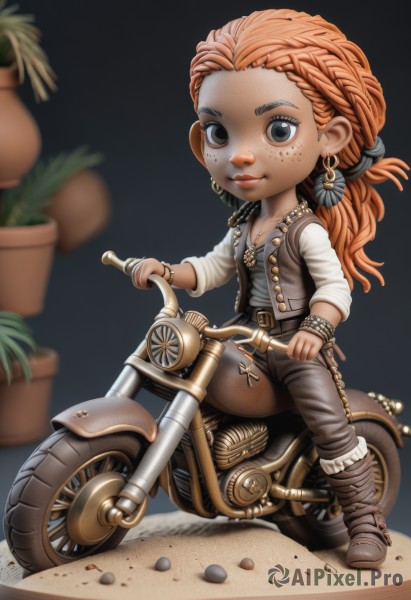 1girl,solo,long hair,breasts,looking at viewer,smile,shirt,cleavage,jewelry,full body,braid,earrings,boots,belt,pants,necklace,chibi,orange hair,black eyes,vest,bracelet,lips,grey eyes,makeup,plant,ground vehicle,motor vehicle,freckles,potted plant,riding,leather,motorcycle,leather boots,cactus,sitting,jacket,ponytail,blurry,black pants,grey shirt,brown belt