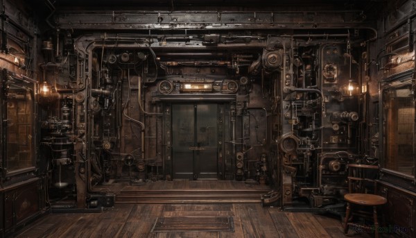 indoors,no humans,window,chair,table,scenery,science fiction,wooden floor,door,light,lamp,cable,stool,industrial pipe,steampunk,cup,clock,shelf,ceiling light