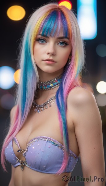 1girl,solo,long hair,breasts,looking at viewer,bangs,blue eyes,blonde hair,cleavage,bare shoulders,jewelry,medium breasts,closed mouth,underwear,blue hair,upper body,pink hair,multicolored hair,earrings,small breasts,choker,artist name,blunt bangs,necklace,bra,mole,blurry,two-tone hair,lips,streaked hair,head tilt,eyelashes,strapless,makeup,depth of field,blurry background,freckles,mole on breast,realistic,nose,blue bra,bokeh,strapless bra,parted lips,watermark,lipstick,web address,eyeshadow,pink lips,mascara,mole on body