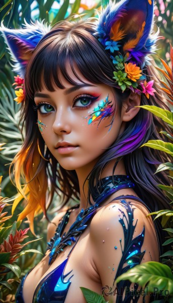 1girl,solo,long hair,breasts,looking at viewer,bangs,brown hair,black hair,hair ornament,animal ears,cleavage,bare shoulders,medium breasts,closed mouth,green eyes,swimsuit,upper body,flower,multicolored hair,outdoors,artist name,cat ears,hair flower,blurry,from side,lips,animal ear fluff,eyelashes,sideboob,gradient hair,makeup,leaf,watermark,facial mark,plant,eyeshadow,freckles,pink lips,nose,eyeliner,mascara,jewelry,purple hair,small breasts,choker,day,shiny,blunt bangs,necklace,orange hair,tattoo,sunlight,nature,extra ears,close-up,blue flower,yellow flower,strap gap,facepaint,bodypaint,colorful,orange flower