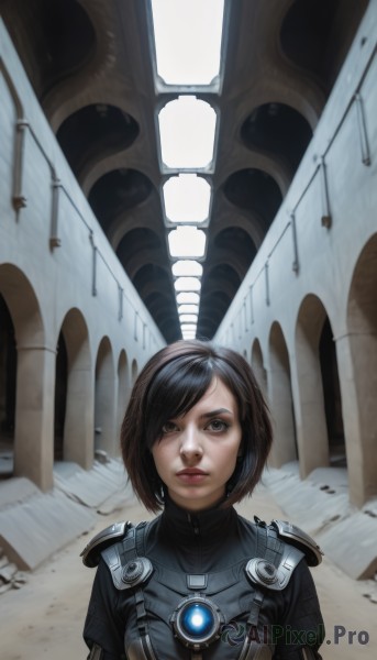 1girl,solo,breasts,looking at viewer,short hair,bangs,brown hair,black hair,brown eyes,closed mouth,upper body,indoors,armor,lips,bodysuit,makeup,swept bangs,science fiction,realistic,nose,window,ruins,shoulder pads