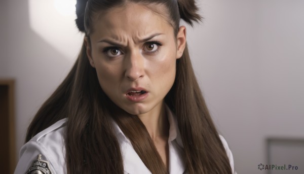 1girl,solo,long hair,looking at viewer,open mouth,brown hair,shirt,brown eyes,jewelry,white shirt,upper body,earrings,parted lips,teeth,indoors,mole,blurry,two side up,lips,blurry background,parody,portrait,forehead,freckles,realistic,black hair