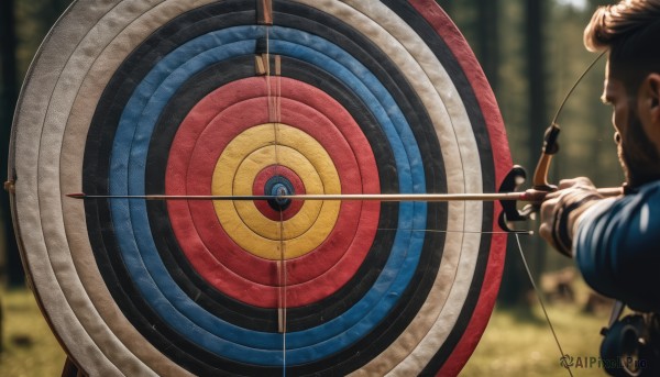 solo,short hair,brown hair,gloves,1boy,holding,upper body,weapon,male focus,outdoors,day,from behind,holding weapon,blurry,tree,depth of field,blurry background,facial hair,blue shirt,nature,beard,forest,bow (weapon),mustache,arrow (projectile),holding bow (weapon),aiming,black hair,realistic,holding arrow,drawing bow,archery