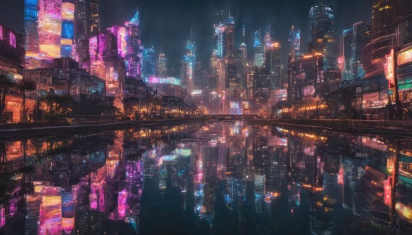 outdoors, sky, no humans, night, building, scenery, science fiction, city, road, cityscape, skyscraper, city lights, neon lights