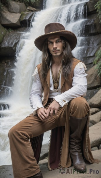 1girl,solo,long hair,looking at viewer,brown hair,shirt,black hair,long sleeves,1boy,hat,brown eyes,jewelry,sitting,full body,white shirt,male focus,boots,belt,pants,water,necklace,black footwear,vest,lips,facial hair,brown footwear,beard,rock,realistic,brown headwear,brown pants,cowboy hat,brown vest,waterfall,outdoors,cowboy western