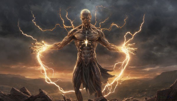 solo,looking at viewer,1boy,jewelry,standing,male focus,outdoors,sky,cloud,necklace,muscular,glowing,abs,cloudy sky,outstretched arms,cross,glowing eyes,pelvic curtain,topless male,mountain,spread arms,electricity,bald,loincloth,lightning,teeth,torn clothes,no humans,skull,monster,rock,fantasy,alien