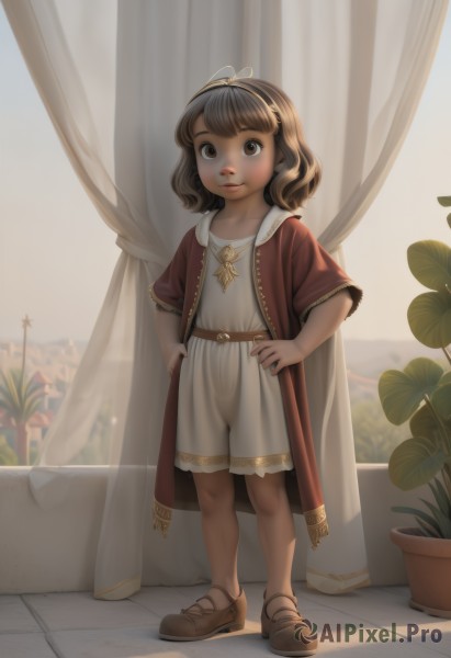 1girl,solo,looking at viewer,smile,short hair,bangs,brown hair,dress,brown eyes,closed mouth,standing,full body,short sleeves,hairband,shoes,belt,indoors,medium hair,lips,see-through,window,brown footwear,plant,curtains,child,backlighting,hands on hips,robe,female child,potted plant,flower pot,shorts,artist name,dark skin,necklace,dark-skinned female,realistic