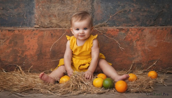 1girl,solo,looking at viewer,smile,short hair,blue eyes,brown hair,1boy,dress,sitting,full body,male focus,food,barefoot,sleeveless,spread legs,feet,toes,fruit,soles,child,realistic,dirty feet,female child,yellow dress,dirty,orange (fruit),what,fine art parody,wheat