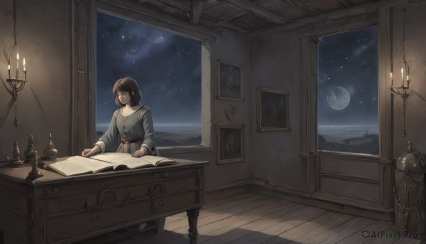 1girl,solo,short hair,bangs,brown hair,shirt,long sleeves,dress,brown eyes,sitting,closed mouth,sky,belt,cloud,indoors,medium hair,book,window,night,ocean,chair,moon,table,curtains,star (sky),night sky,scenery,full moon,desk,starry sky,wooden floor,paper,open book,horizon,bookshelf,reading,candle,dark,photo (object),picture frame,moonlight,candlestand,black hair,holding,jewelry,necklace,blue dress,robe,painting (object),candlelight