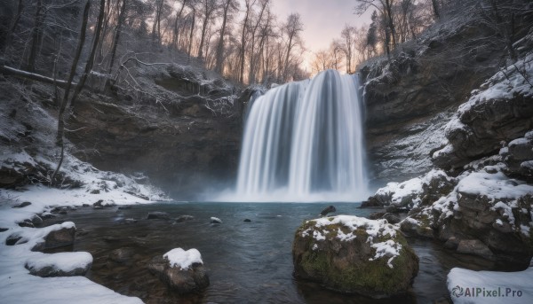 An iconic waterfall framed by a inviting snowy outdoors