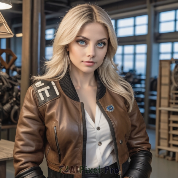 1girl,solo,long hair,breasts,looking at viewer,blue eyes,blonde hair,shirt,gloves,long sleeves,cleavage,medium breasts,closed mouth,jacket,white shirt,upper body,open clothes,belt,pants,indoors,blurry,open jacket,lips,hand on hip,window,buttons,depth of field,blurry background,zipper,brown jacket,realistic,nose,leather,leather jacket,bomber jacket,artist name,eyelashes,makeup,wavy hair,messy hair,forehead,hands in pockets,emblem,shirt tucked in