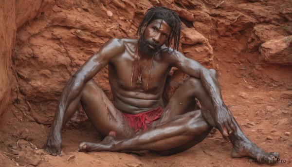 solo,looking at viewer,black hair,1boy,navel,jewelry,sitting,closed mouth,nipples,collarbone,full body,male focus,outdoors,barefoot,dark skin,spread legs,necklace,stomach,muscular,headband,facial hair,abs,dark-skinned male,pectorals,muscular male,beard,topless male,rock,realistic,mustache,sand,on ground,dirty,loincloth,leg hair,dirty face,dreadlocks,dirty clothes,dirty feet,torn clothes,blood,manly