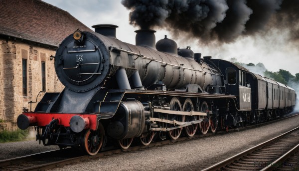 outdoors,sky,day,cloud,tree,military,no humans,grass,ground vehicle,motor vehicle,smoke,military vehicle,tank,vehicle focus,train,caterpillar tracks,world war ii,railroad tracks,weapon,building,cannon,machine gun