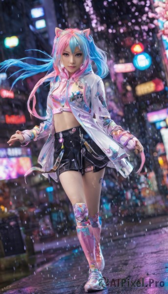 1girl,solo,long hair,breasts,looking at viewer,long sleeves,navel,animal ears,twintails,brown eyes,medium breasts,blue hair,standing,jacket,full body,pink hair,multicolored hair,outdoors,parted lips,open clothes,shoes,shorts,midriff,cat ears,hood,blurry,two-tone hair,open jacket,lips,crop top,see-through,short shorts,night,floating hair,depth of field,blurry background,fake animal ears,headphones,black shorts,white jacket,cherry blossoms,bike shorts,sneakers,walking,science fiction,rain,city,road,knee pads,street,animal ear headphones,cat ear headphones,cyberpunk,smile,bangs,skirt,hair between eyes,jewelry,boots,belt,artist name,black skirt,tattoo,gradient hair,watermark,zipper,realistic,pink footwear,neon lights,pink socks