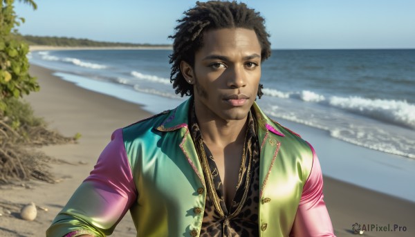 HQ,solo,looking at viewer,brown hair,shirt,black hair,1boy,brown eyes,jewelry,closed mouth,jacket,upper body,male focus,earrings,outdoors,open clothes,day,dark skin,water,necklace,blurry,open jacket,lips,black shirt,chain,ocean,beach,dark-skinned male,plant,curly hair,green jacket,realistic,sand,very dark skin,photo background,shore,gold chain,dreadlocks,short hair,vest,shell,letterman jacket