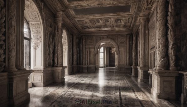 monochrome,day,indoors,no humans,window,sunlight,box,scenery,light rays,wooden floor,stairs,door,architecture,sunbeam,pillar,statue,hallway,carpet,arch,column,light