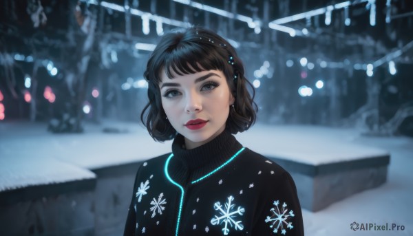 1girl,solo,looking at viewer,short hair,bangs,brown hair,black hair,hair ornament,jewelry,upper body,earrings,outdoors,parted lips,blurry,black eyes,sweater,lips,grey eyes,makeup,blurry background,turtleneck,lipstick,snow,freckles,snowing,turtleneck sweater,realistic,nose,red lips,snowflakes,black sweater,winter,snowflake print,smile,blue eyes,closed mouth,jacket,tree,depth of field