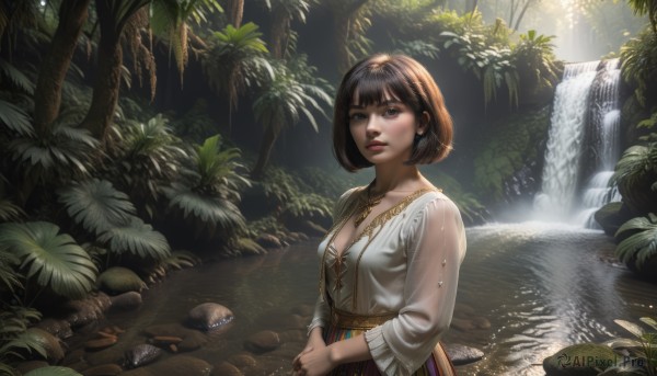 1girl,solo,breasts,looking at viewer,short hair,bangs,skirt,brown hair,shirt,black hair,long sleeves,dress,cleavage,brown eyes,jewelry,medium breasts,standing,collarbone,white shirt,upper body,earrings,small breasts,outdoors,parted lips,day,blunt bangs,water,necklace,black eyes,tree,lips,see-through,leaf,sunlight,bob cut,ring,own hands together,plant,blouse,nature,scenery,pendant,forest,light rays,rock,realistic,nose,red lips,river,waterfall,sleeves past elbows,stream,nail polish,wet