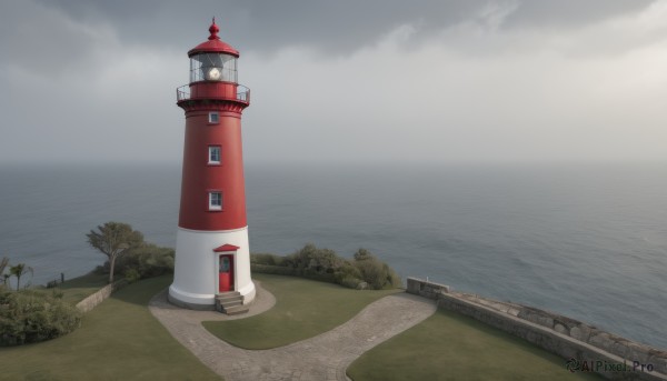 outdoors,sky,day,cloud,water,tree,no humans,ocean,cloudy sky,grass,building,scenery,horizon,clock,road,bush,river,tower,grey sky,path,clock tower,lamppost,lighthouse