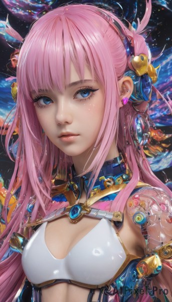 1girl,solo,long hair,breasts,looking at viewer,bangs,blue eyes,hair ornament,cleavage,jewelry,medium breasts,closed mouth,upper body,pink hair,earrings,small breasts,lips,eyelashes,expressionless,science fiction,realistic,nose,android,hairband,piercing,gem,ear piercing,fish,planet