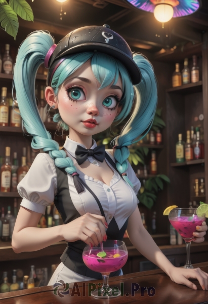 hatsune miku,1girl,solo,long hair,breasts,looking at viewer,smile,bangs,shirt,hat,bow,holding,cleavage,twintails,jewelry,medium breasts,blue hair,white shirt,upper body,braid,short sleeves,earrings,parted lips,food,puffy sleeves,artist name,indoors,bowtie,nail polish,blurry,vest,twin braids,aqua eyes,cup,puffy short sleeves,lips,fingernails,looking to the side,eyelashes,black headwear,aqua hair,black bow,makeup,detached collar,fruit,depth of field,blurry background,leaf,watermark,bottle,plant,lipstick,holding cup,hair over shoulder,baseball cap,red nails,web address,alcohol,drinking glass,freckles,ice,black vest,black bowtie,realistic,nose,drink,underbust,red lips,glass,stud earrings,wine glass,heart earrings,cherry,orange (fruit),lemon,bar (place),ice cube,counter,cocktail glass,ceiling light,lemon slice,orange slice,bartender,cocktail,blush,alternate costume,drinking straw