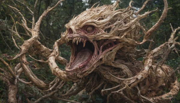 open mouth,outdoors,teeth,tongue,tree,no humans,sharp teeth,nature,scenery,forest,monster,branch,skeleton,bone,horror (theme),solo,fangs,fantasy,dragon,creature,antlers,extra eyes,eldritch abomination