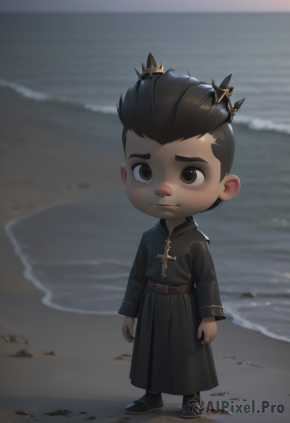 solo,looking at viewer,short hair,black hair,long sleeves,1boy,brown eyes,closed mouth,standing,full body,male focus,outdoors,belt,water,chibi,black footwear,black eyes,ocean,beach,cross,aged down,crown,child,robe,sand,arms at sides,male child,hair slicked back,shore,smile,rock