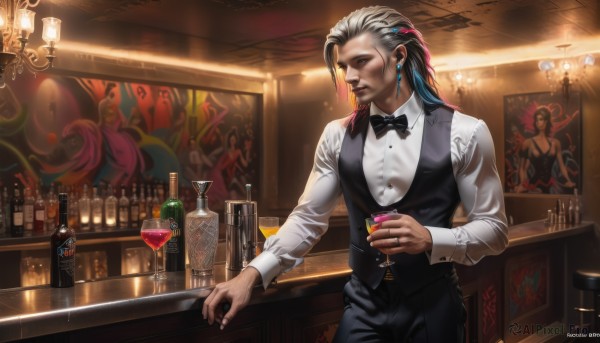 solo,long hair,shirt,black hair,long sleeves,1boy,bow,holding,jewelry,closed mouth,blue hair,standing,white shirt,white hair,grey hair,male focus,multicolored hair,cowboy shot,earrings,collared shirt,belt,pants,artist name,indoors,signature,dark skin,bowtie,vest,two-tone hair,cup,dress shirt,black bow,buttons,facial hair,watermark,black pants,formal,ring,bottle,knife,holding cup,beard,alcohol,drinking glass,black vest,black bowtie,glint,realistic,wine glass,stool,wine,shelf,waistcoat,traditional bowtie,wine bottle,bar (place),counter,cocktail glass,chandelier,bartender,cocktail,blue eyes,alternate costume,dated,streaked hair,web address,drink,glass,lamp,manly