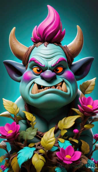 solo,looking at viewer,blush,smile,open mouth,1boy,pink hair,flower,male focus,horns,teeth,pointy ears,artist name,orange eyes,gradient,gradient background,no humans,colored skin,leaf,fangs,watermark,plant,sharp teeth,web address,pink flower,colored sclera,green background,purple flower,green skin,mohawk,upper body,signature,blue skin,yellow sclera,tusks