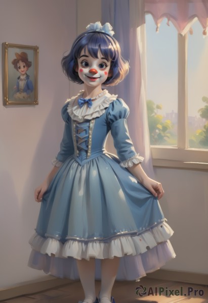 1girl,solo,looking at viewer,smile,short hair,open mouth,bangs,blue eyes,brown hair,black hair,long sleeves,dress,bow,blue hair,standing,full body,hair bow,pantyhose,hairband,frills,shoes,teeth,day,puffy sleeves,indoors,bowtie,black eyes,window,makeup,blue dress,shadow,blue bow,blush stickers,sunlight,frilled dress,lipstick,curtains,juliet sleeves,white pantyhose,lolita fashion,blue footwear,skirt hold,red lips,facepaint,painting (object),curtsey,clown,grin,maid,maid headdress,cosplay,mask,mary janes