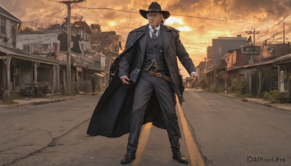 solo,looking at viewer,short hair,blonde hair,brown hair,shirt,long sleeves,1boy,hat,holding,closed mouth,standing,jacket,full body,white shirt,male focus,outdoors,necktie,sky,shoes,collared shirt,belt,pants,cloud,black footwear,vest,coat,gun,black headwear,facial hair,black pants,formal,cloudy sky,suit,building,scenery,beard,sunset,cigarette,open coat,black coat,black vest,city,mature male,road,house,striped necktie,power lines,long coat,street,cowboy hat,utility pole,open clothes,phone,cellphone,smartphone,holding phone,brown belt