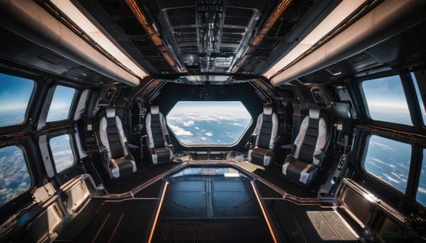 sky,signature,no humans,window,scenery,science fiction,realistic,space,planet,earth (planet),spacecraft,spacesuit,cockpit,seat,day,cloud