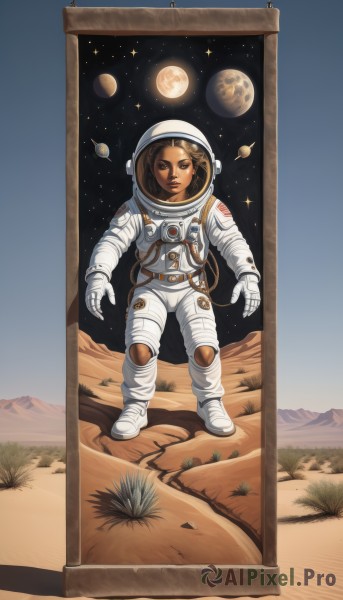 1girl,solo,brown hair,standing,full body,closed eyes,sky,leaf,moon,helmet,star (sky),full moon,floating,starry sky,science fiction,mountain,realistic,space,planet,open hands,earth (planet),spacesuit,space helmet,astronaut,gloves,brown eyes,signature,grass,nose,flag,american flag,spacecraft