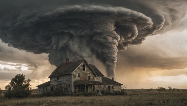 outdoors,sky,cloud,tree,no humans,window,cloudy sky,grass,building,scenery,smoke,house,nature,field,landscape