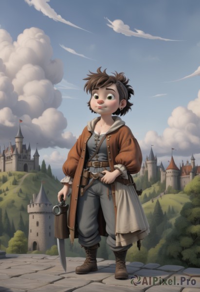 1girl,solo,looking at viewer,smile,short hair,brown hair,1boy,holding,brown eyes,standing,full body,weapon,male focus,boots,outdoors,sky,day,belt,sword,cloud,holding weapon,tree,blue sky,coat,bird,brown footwear,thick eyebrows,cloudy sky,knife,building,child,freckles,fantasy,male child,castle,blush,green eyes,pants,gun,scenery,handgun,camera,bush