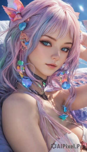 1girl,solo,long hair,breasts,looking at viewer,smile,bangs,blue eyes,hair ornament,cleavage,bare shoulders,jewelry,medium breasts,closed mouth,blue hair,swimsuit,upper body,pink hair,bikini,multicolored hair,earrings,lying,choker,lips,eyelashes,makeup,black choker,white bikini,piercing,gem,ear piercing,crystal,realistic,nose,flower,sky,necklace,arm up,looking to the side,gradient hair,feathers,arm behind head