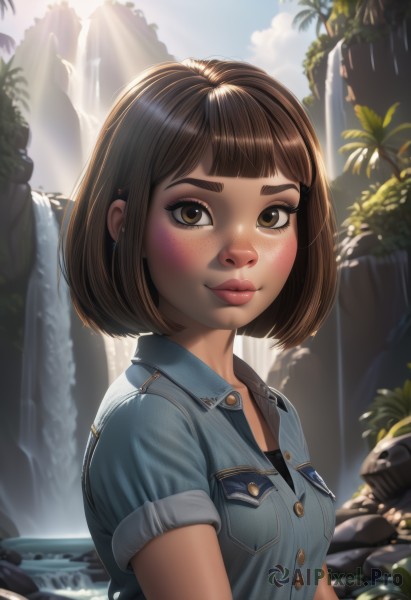 1girl,solo,breasts,looking at viewer,blush,smile,short hair,bangs,brown hair,shirt,brown eyes,jewelry,closed mouth,upper body,short sleeves,earrings,small breasts,outdoors,sky,day,collared shirt,artist name,cloud,signature,blunt bangs,water,from side,tree,blue sky,lips,eyelashes,makeup,buttons,watermark,sunlight,bob cut,thick eyebrows,blue shirt,plant,denim,web address,sleeves rolled up,freckles,pocket,rock,nose,breast pocket,waterfall,denim jacket,jacket,light smile,blue jacket,backlighting,light rays,realistic,palm tree,undershirt,cliff