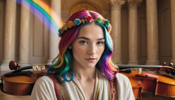 1girl,solo,long hair,looking at viewer,smile,hair ornament,brown eyes,closed mouth,blue hair,collarbone,upper body,pink hair,purple hair,flower,multicolored hair,hair flower,blurry,two-tone hair,lips,grey eyes,eyelashes,makeup,blurry background,instrument,freckles,realistic,nose,head wreath,rainbow,pillar,column,traditional clothes,rainbow hair,blue eyes,green hair,artist name,indoors,streaked hair,portrait,web address,forehead,playing instrument,violin,flower wreath