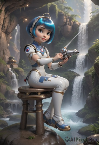 1girl,solo,looking at viewer,smile,short hair,bangs,blue eyes,holding,sitting,closed mouth,blue hair,full body,weapon,ahoge,short sleeves,hairband,boots,outdoors,artist name,blunt bangs,water,nail polish,holding weapon,armor,black eyes,tree,lips,gun,bodysuit,makeup,watermark,bob cut,plant,holding gun,skin tight,web address,science fiction,realistic,nose,android,bracer,stool,white bodysuit,waterfall,energy gun,moss,multicolored hair,leaf